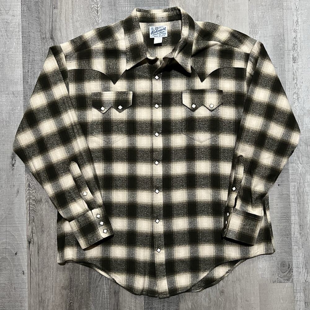 VTG Rockmount Ranch Wear Shirt Green Shadow Plaid Western Snap Plush Flannel 2XL